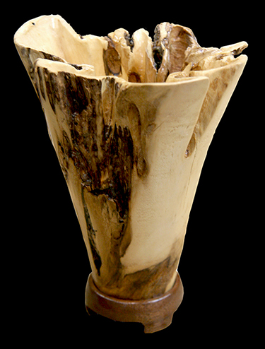 art of wood turning, wood turned burl vase, turned wooden vase, sculptured burl vase, carved vessel, natural edge burl vase, natural edge sculpture, turned art vessel 